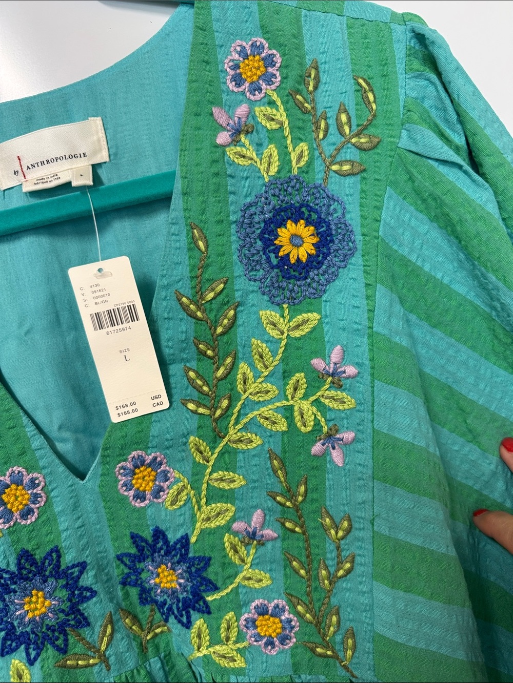 Anthropologie Teal and Green Embroidered V-Neck Tunic - Picture 3 of 11